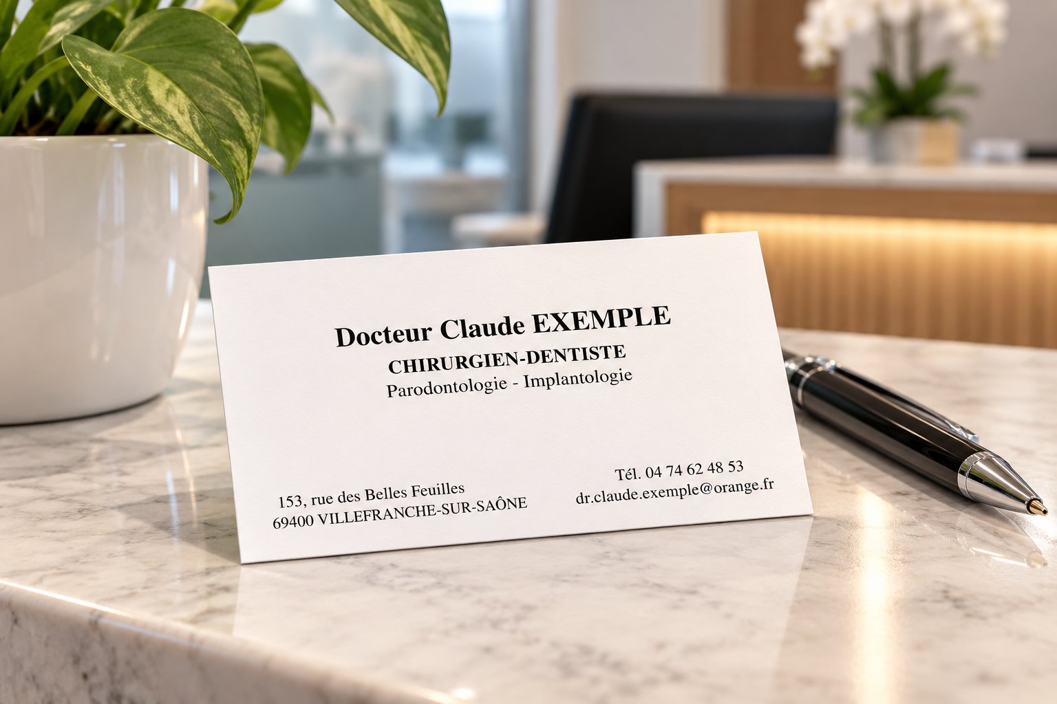Une carte de visite de chirurgien-dentiste est posée sur un comptoir en marbre, à côté d’un stylo.