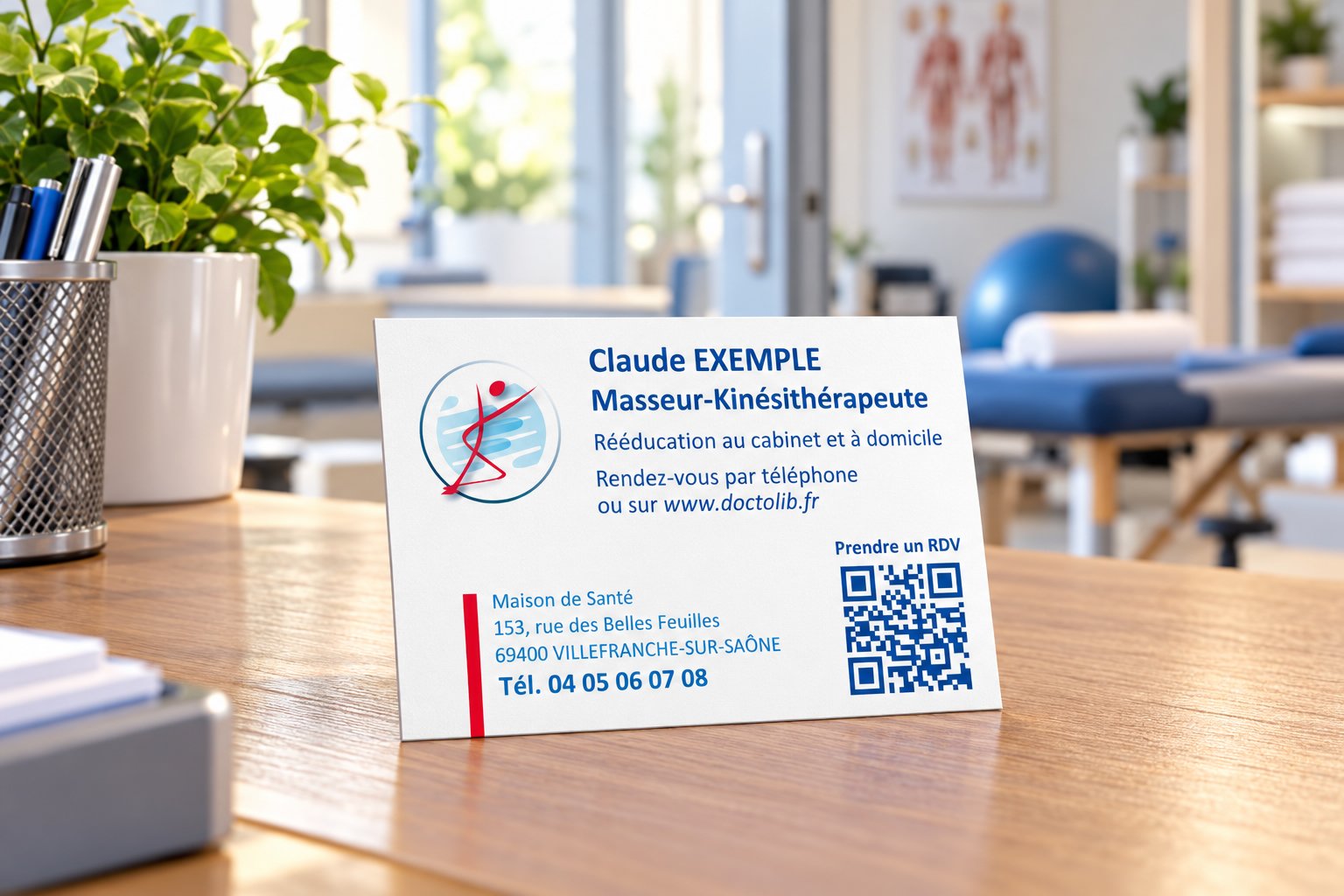 Une carte de visite de masseur-kinésithérapeute avec un code QR est posée sur un bureau.