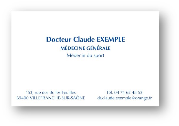 Carte de visite professionnelle blanche avec texte bleu: nom, spécialité et coordonnées.