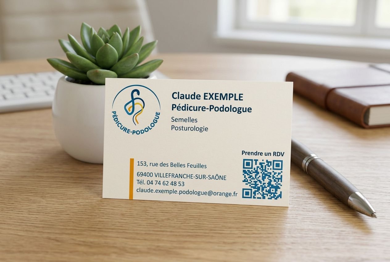 Carte de visite professionnelle avec QR code affichant les informations du podologue Claude Exemple et un code QR lisible.