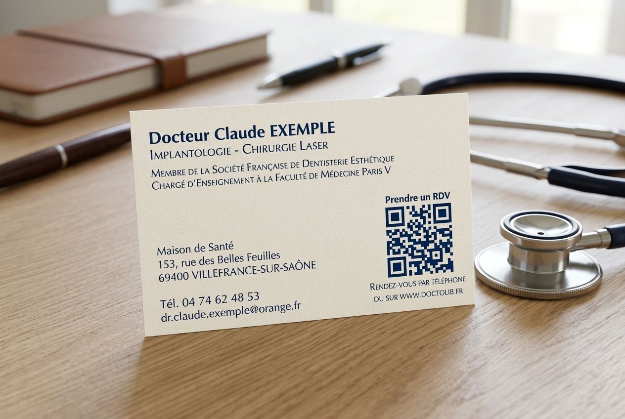 Carte de visite professionnelle avec QR code, affichant nom et détails du médecin, texte et code QR lisible. Faire une carte de visite avec un qr code intégrée.