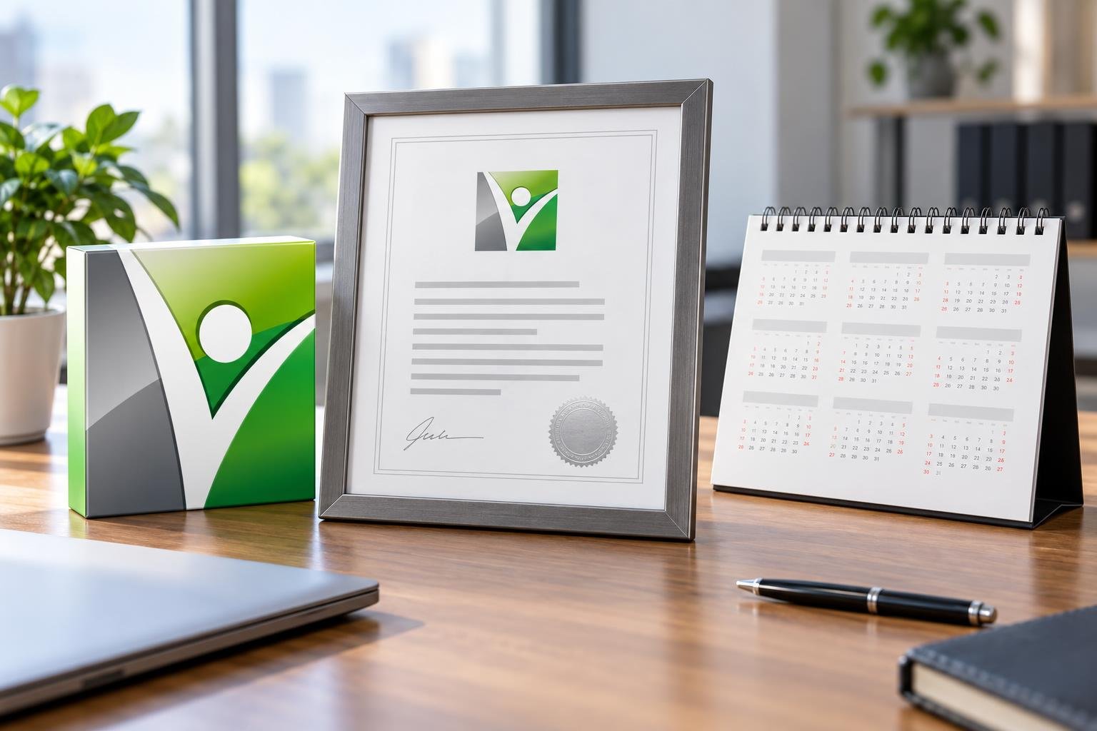 Certificat et emballage affichés sur un bureau avec un calendrier et un stylo.