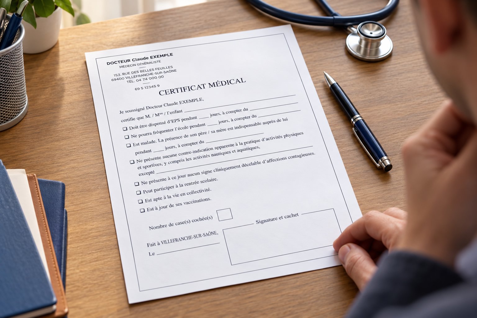 Un certificat médical posé sur un plan de travail avec un stylo et un stéthoscope à proximité.