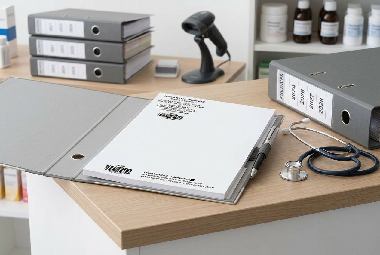 Classeur et documents d’archivage sur un bureau, près d’un stéthoscope et d’un lecteur de codes, dans une officine. archivage ordonnance exception visible.