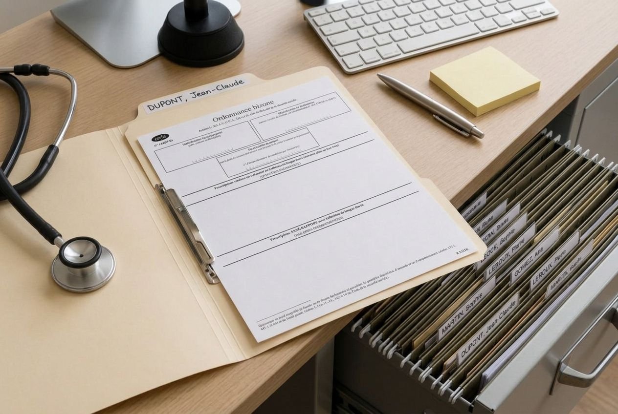 Classeur ouvert sur bureau avec documents médicaux et stéthoscope, prêt pour archivage ordonnances patient cabinet.