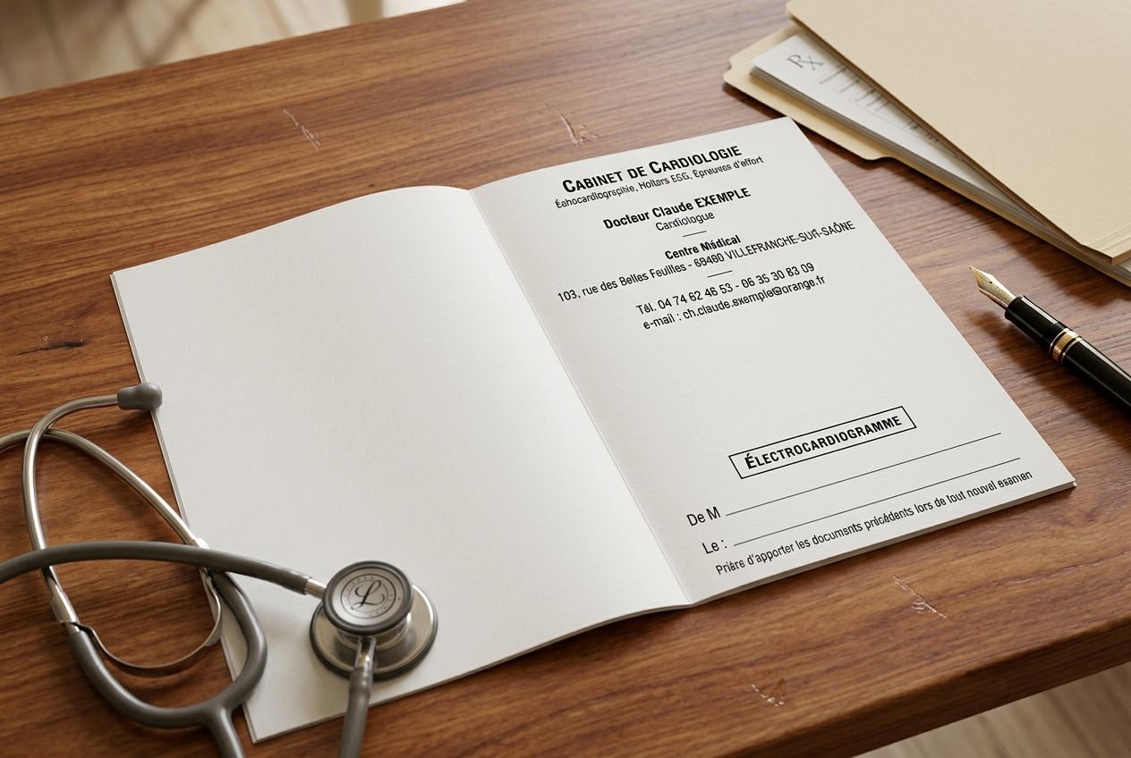 Couverture ouverte d’un carnet médical avec un en-tête “CABINET DE CARDIOLOGIE”, stéthoscope posé et stylo sur un bureau en bois. Archivage ordonnance médicale, documents à conserver durablement.