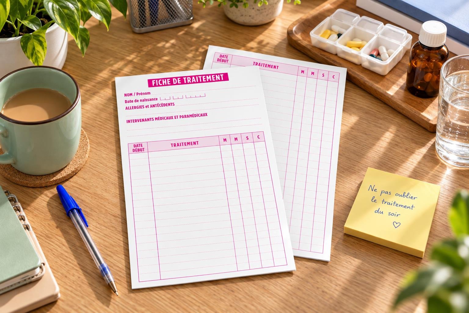 Deux fiches de traitement et un carnet posés sur une table, entourés d’un mug, des plantes et des petits accessoires