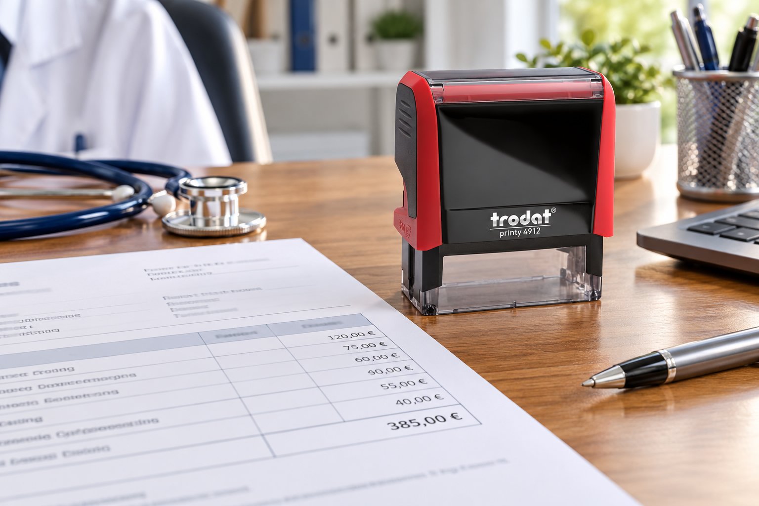 Un devis médical posé sur un bureau à côté d’une calculatrice et d’un stylo, avec une imprimante rouge à proximité.