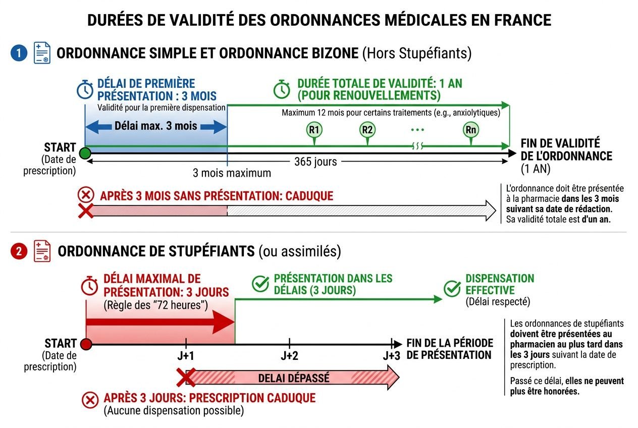 Diagramme sur les durées de validité des ordonnances médicales en France, expliquant l’ordonnance simple et bizone, puis l’ordonnance de stupéfiants, avec les délais de présentation et dispenses. Intègre le sujet: les 4 types d'ordonnance médicale.