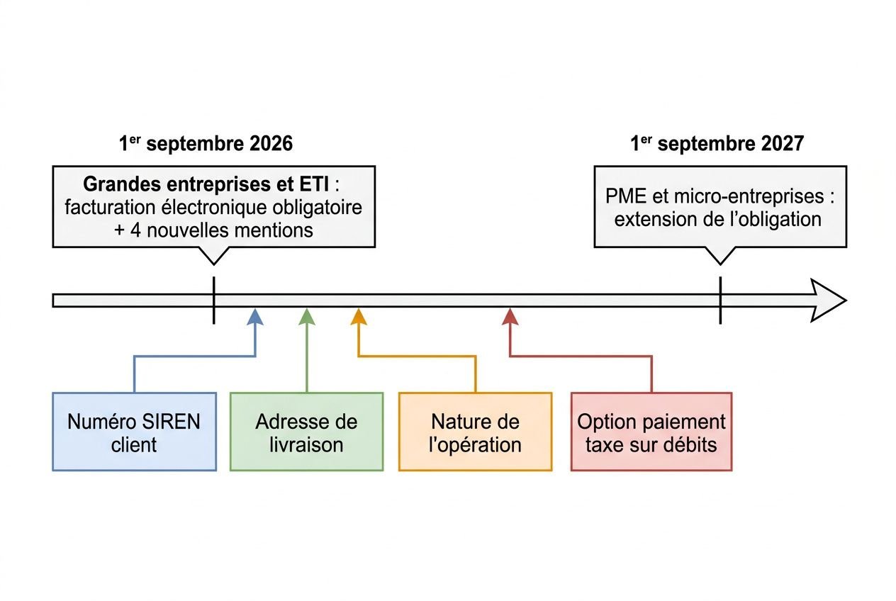 Diagramme montrant une chronologie des mentions obligatoires sur une facture: échéance 1er sept. 2026 et extension 1er sept. 2027, avec blocs colorés pour Numéro SIREN client, Adresse de livraison, Nature de l'opération et Option paiement taxe sur débits. Inclut l'élément: mentions obligatoires sur une facture.