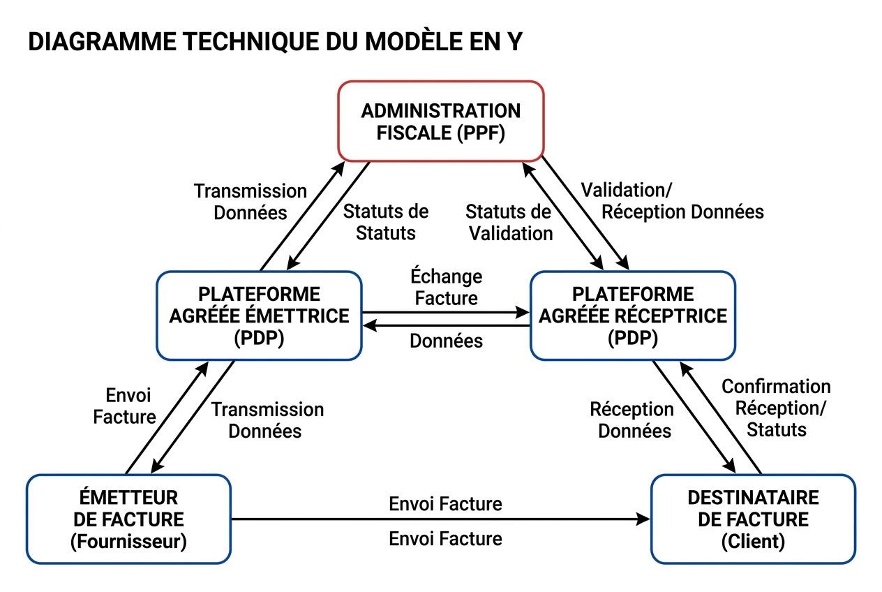 Diagramme technique en Y montrant l’échange de facture entre Émetteur, Plateformes PDP, Administration fiscale et Destinataire, avec en arrière-plan le concept de facturation électronique obligatoire.