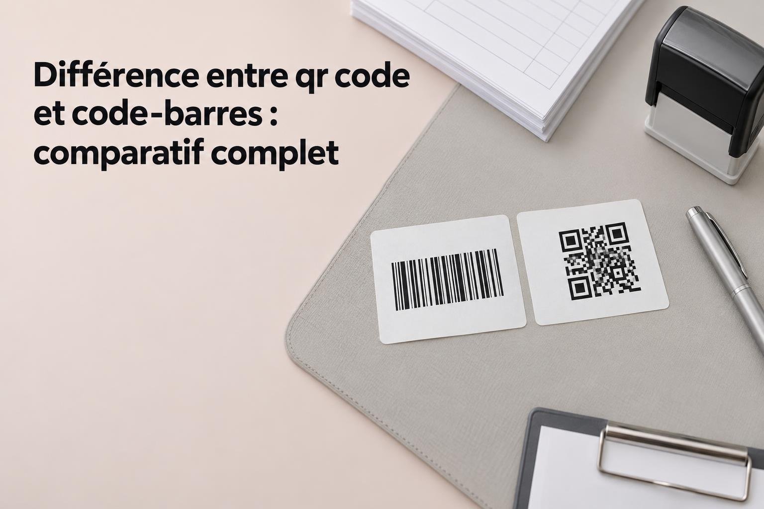 Différence qr code et code-barres : comparatif complet avec codes QR et codes-barres imprimés sur badges, à côté d’un carnet et d’un tampon.