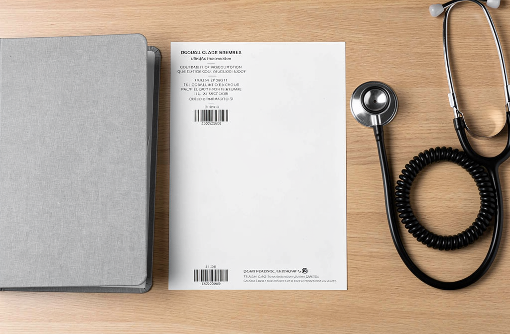 Dossier médical et carnet à côté d’un stéthoscope sur bureau, symbole de conformité documents cabinet médical et gestion RGPD.
