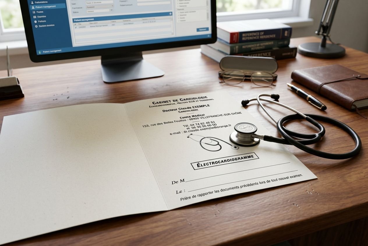 Dossier médical ouvert sur un bureau, stéthoscope posé, écran d’ordinateur et livres en arrière-plan; archivage des dossiers patients changement médecin.