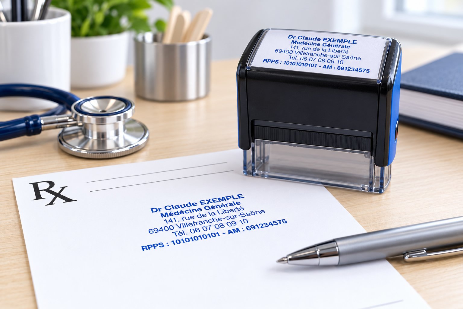 Encrier et timbre adresse posés sur un bureau à côté d’un dossier et d’un stylo, près d’une lettre à en-tête médicale.