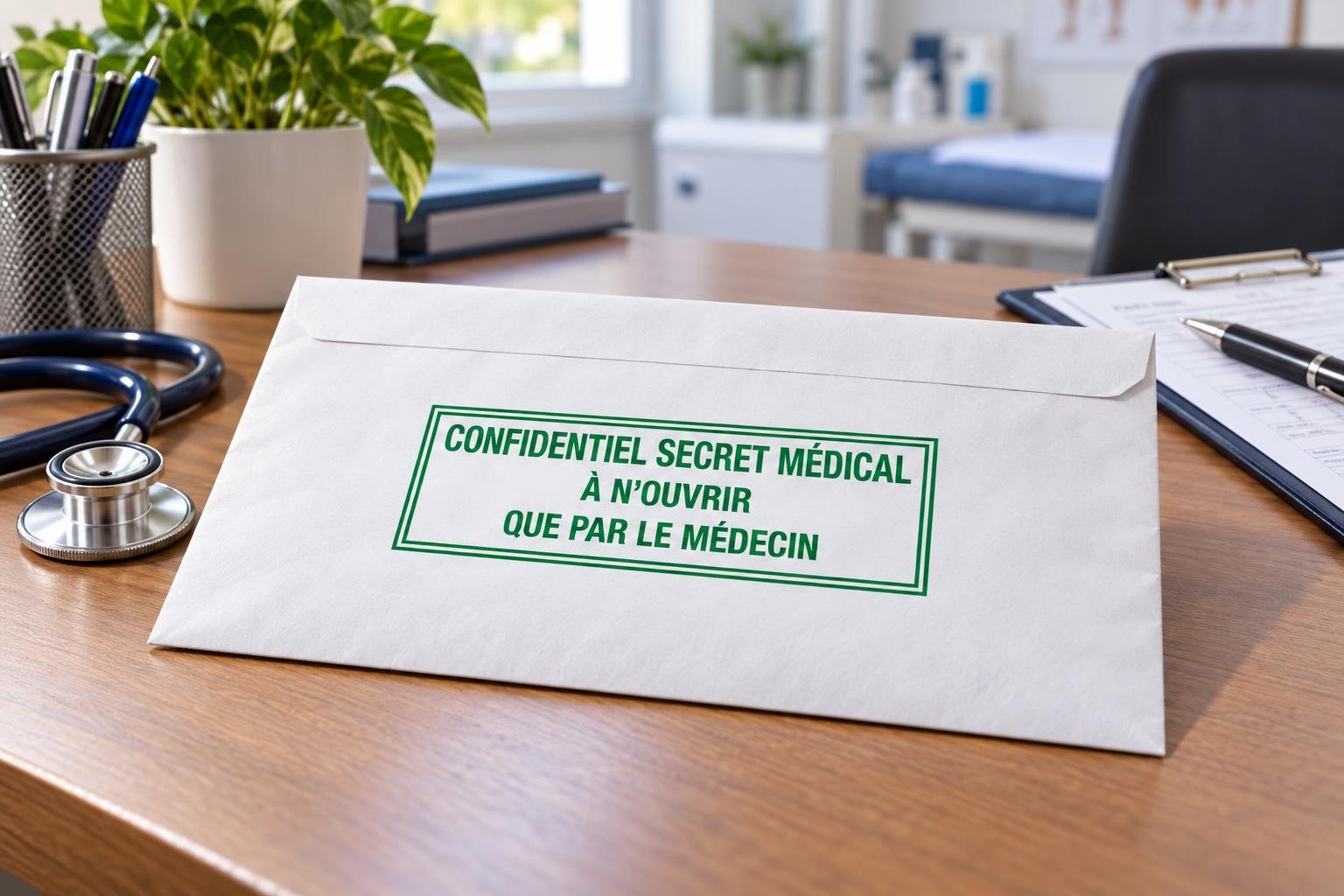 Envelope jaune clair portant le texte Confidential secret médical à n’ouvrir que par le médecin.