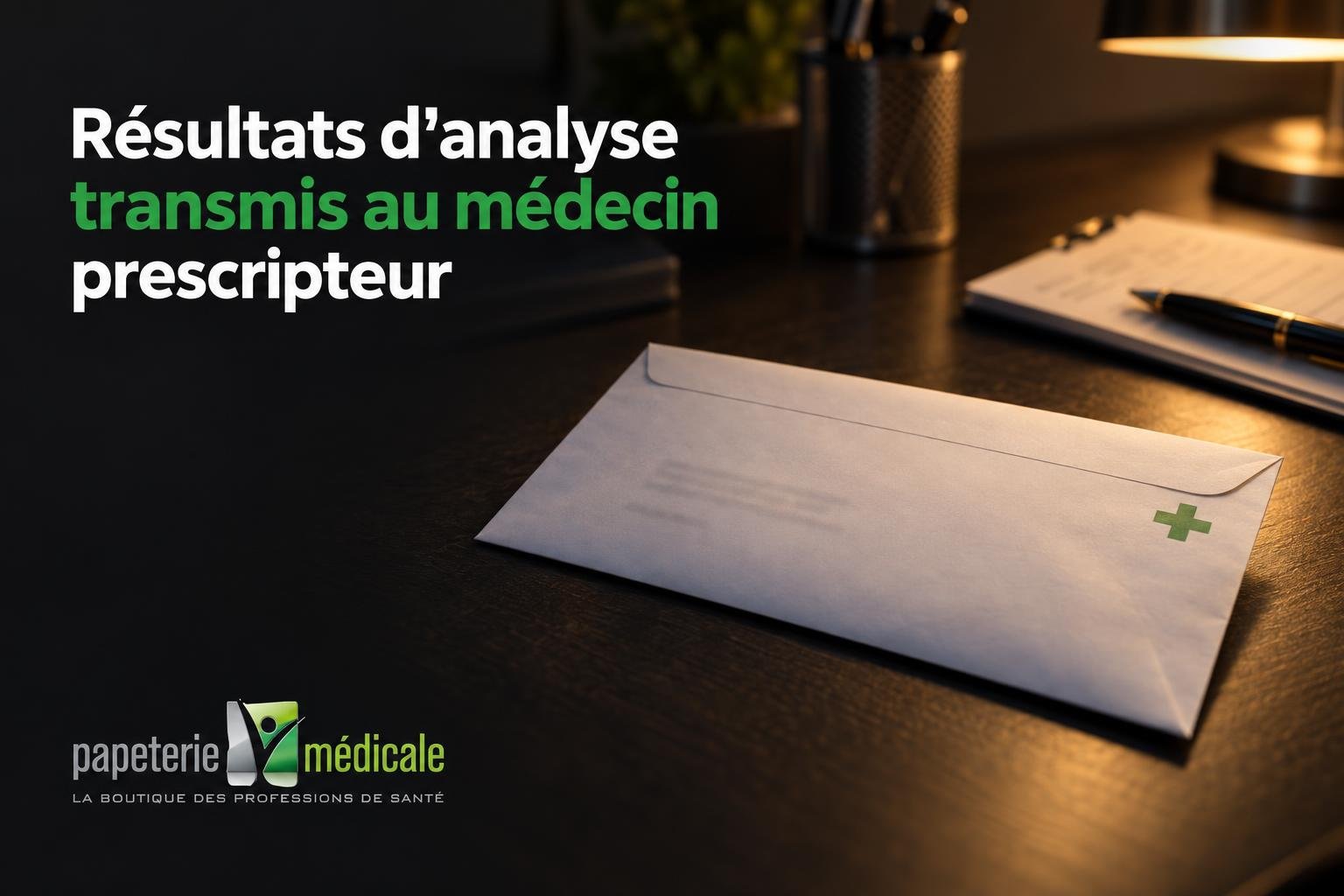 Enveloppe blanche sur un bureau, avec une croix verte en coin droit, et alerte lumière chaleureuse en arrière-plan.