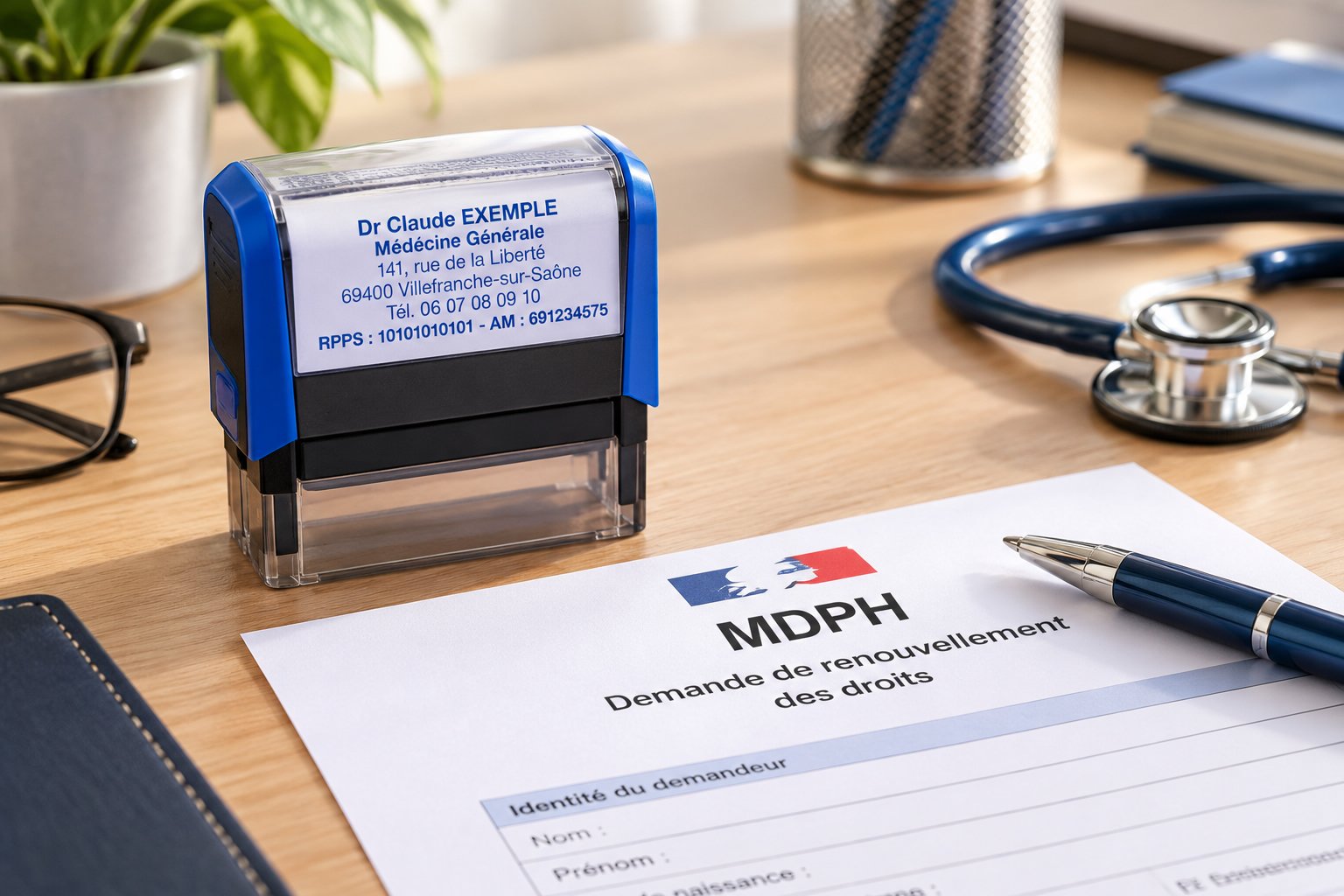 Une enveloppe et un formulaire MDPH sur une desk avec un stylo et un stéthoscope à côté.