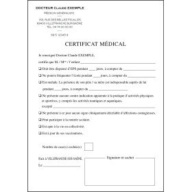 Exemple de certificat médical de non-contre-indication avec en-tête et champs à compléter (nom, fonction, signature, tampon).