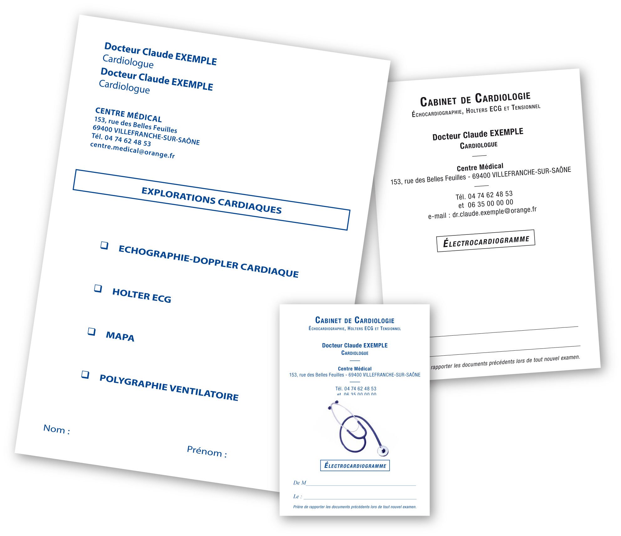 Exemple de documents médicaux personnalisés: feuilles de consultation et carte professionnelle avec tampons, sur fond blanc. Exemple de documents médicaux personnalisés: feuilles de consultation et carte professionnelle avec tampons, sur fond blanc.