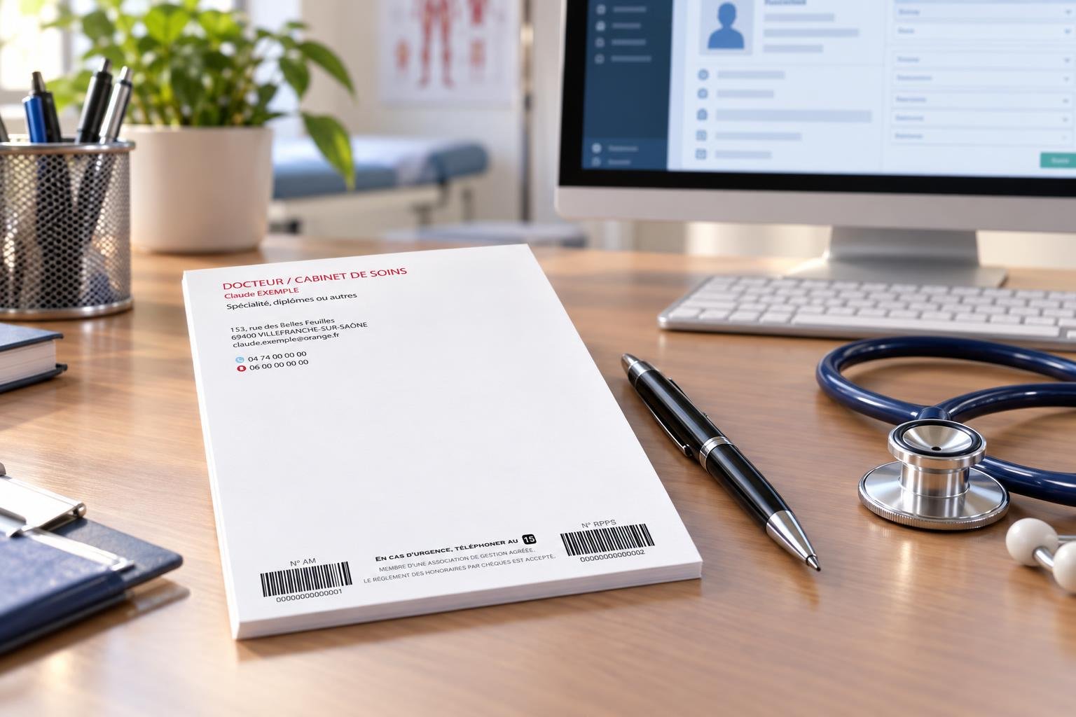 Une feuille blanche posée sur le bureau près d’un stylo et d’un stéthoscope, avec un ordinateur en arrière-plan.