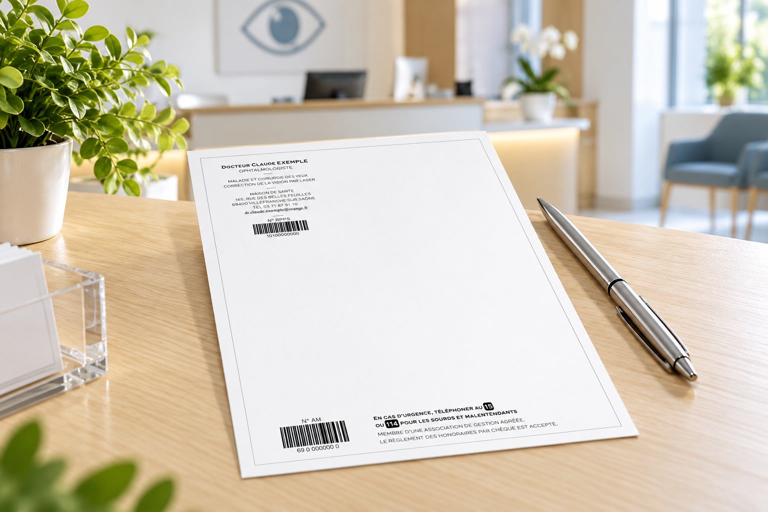 Une feuille de correspondance du cabinet est posée sur un bureau à côté d’un stylo.