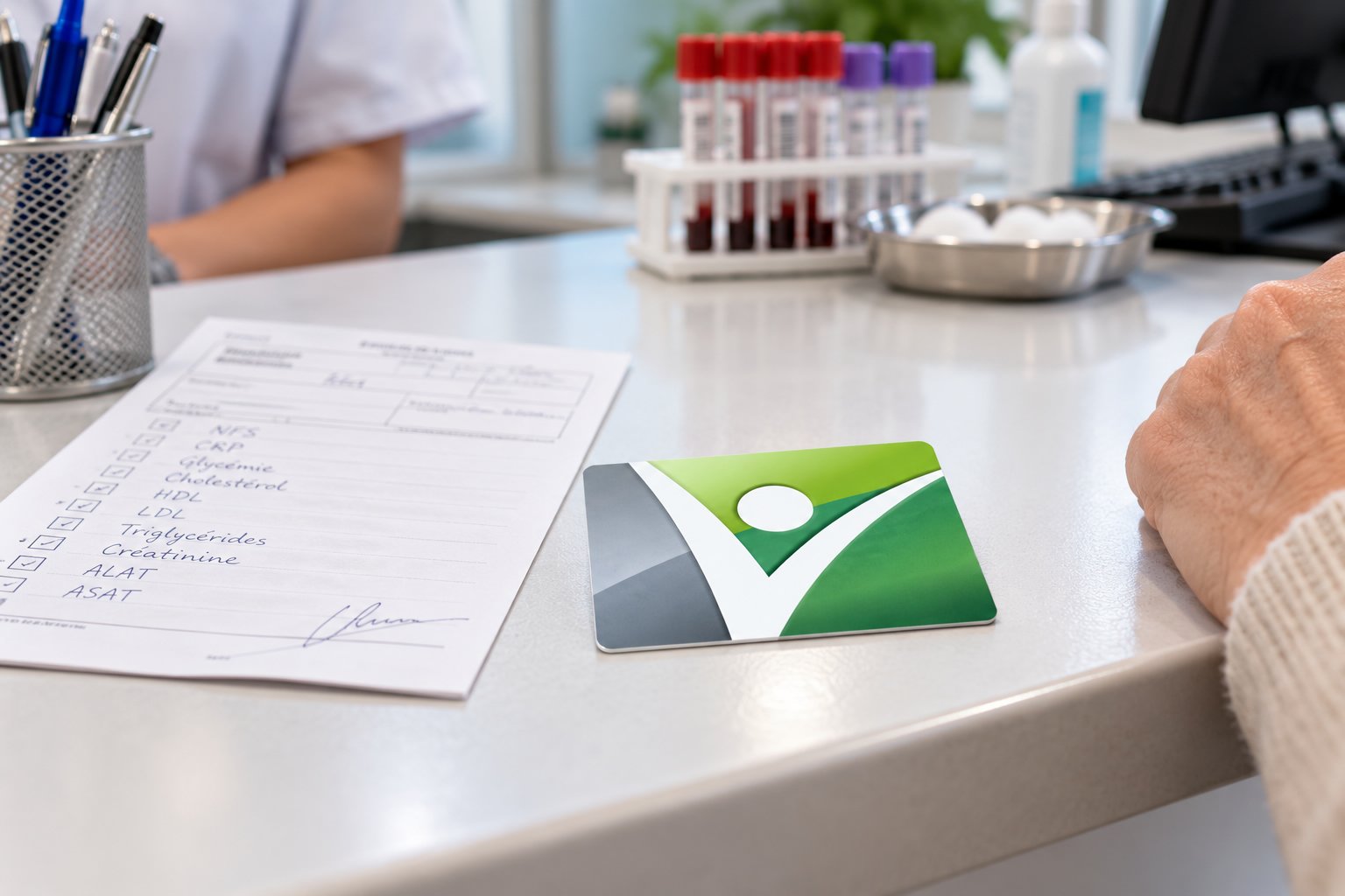 Une fiche de rendez-vous et une carte de sécurité sociale posées sur un comptoir de laboratoire.