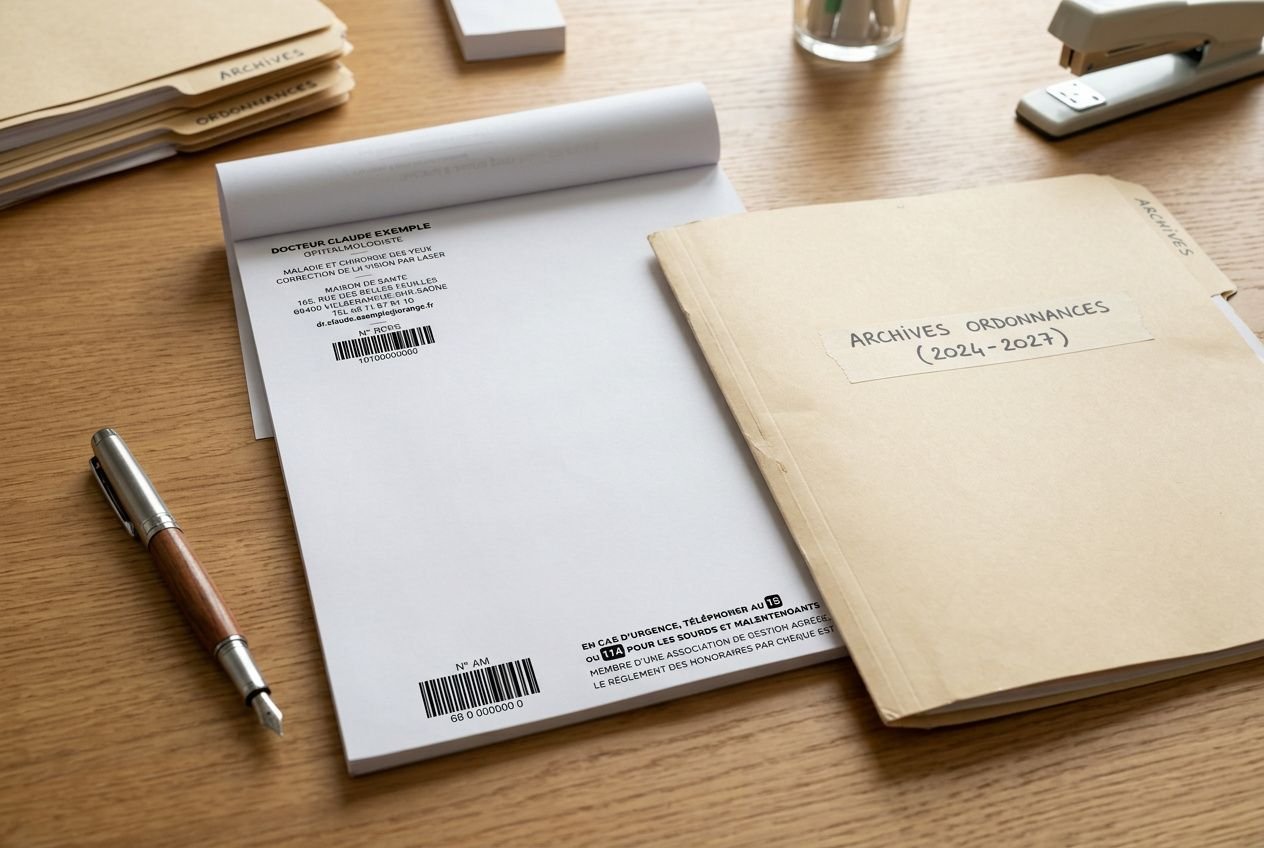 Grip d’archives et dossiers médicaux : dossier intitulé “ARCHIVES ORDONNANCES (2024-2027)” posé sur une table, stylo et documents. archivage ordonnance médicale intégré.