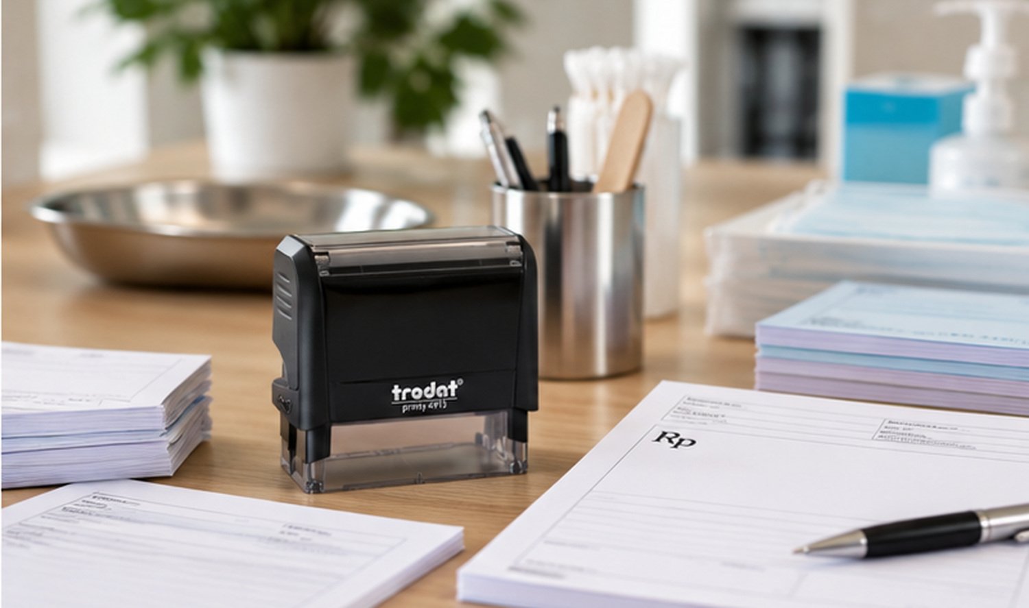 Groupe de documents administratifs et matériel de marquage sur un bureau, avec traceur trodat et stylos.