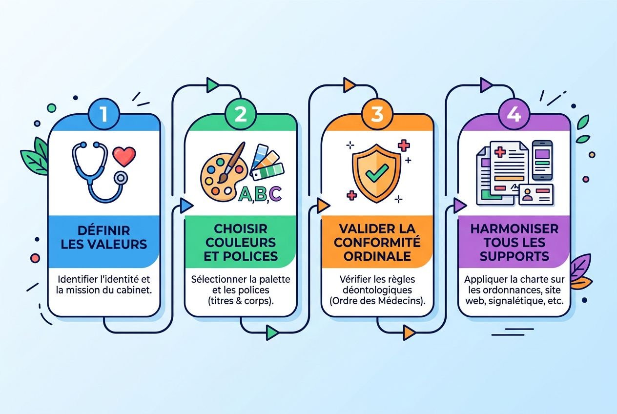 Harmoniser la charte graphique de son cabinet médical : ordonnances, cartes de visite et cartes de rendez-vous—illustration des quatre étapes.