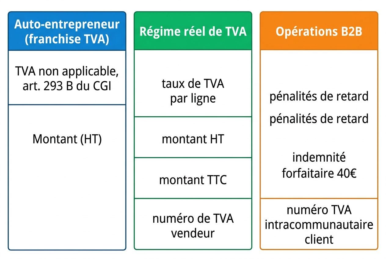 Illustration de trois colonnes avec titres colorés: Auto-entrepreneur (franchise TVA), Régime réel de TVA et Opérations B2B, montrant des cases listant mentions obligatoires telles que TVA non applicable, montant HT, montant TTC, numéro de TVA vendeur, taux et pénalités, indemnité forfaitaire et numéro TVA intracommunautaire client.mentions obligatoires sur une facture intégrée.