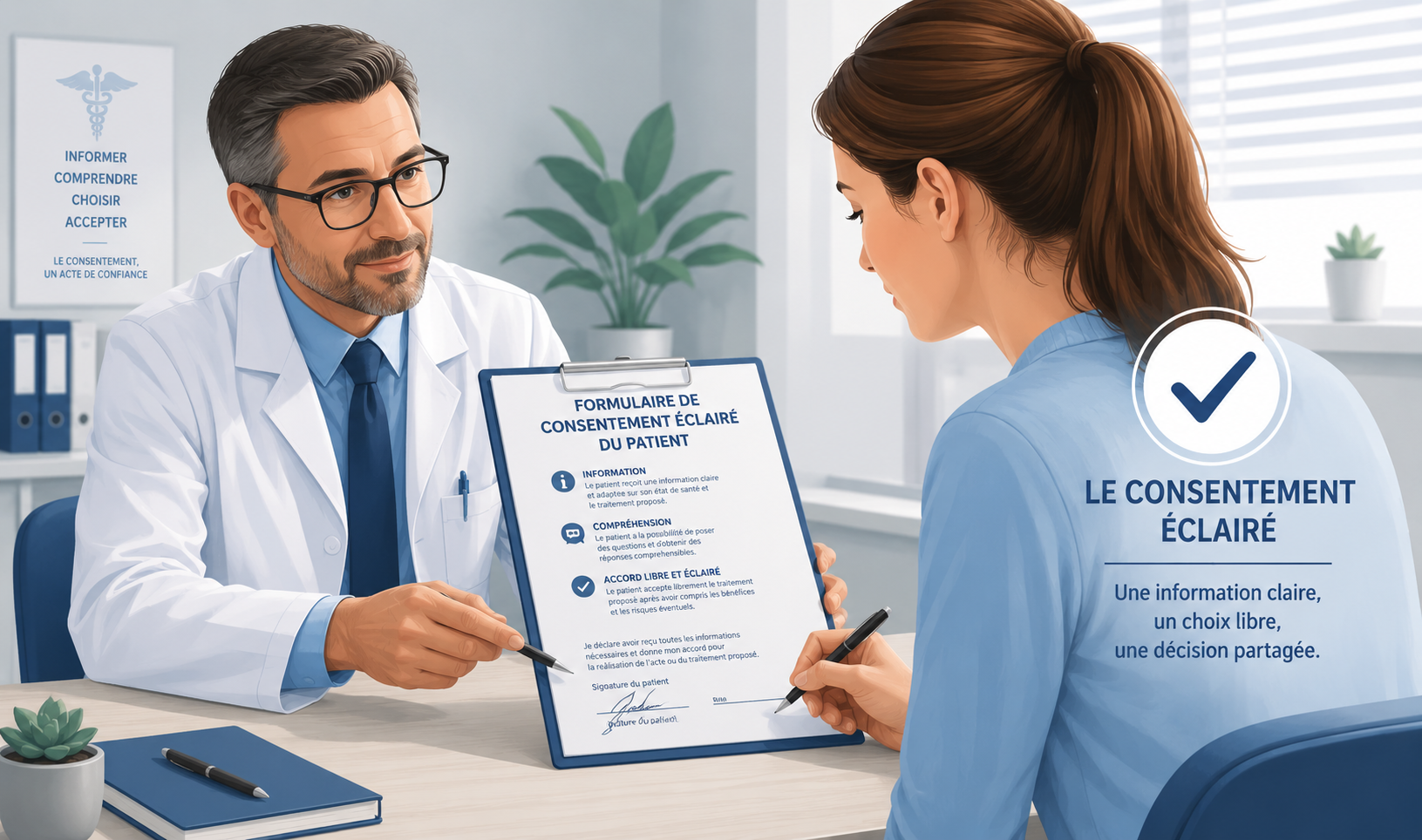 Consultation médicale: médecin en blouse blanche et patiente signent un formulaire de consentement éclairé, symbole de choix libre et décision partagée.