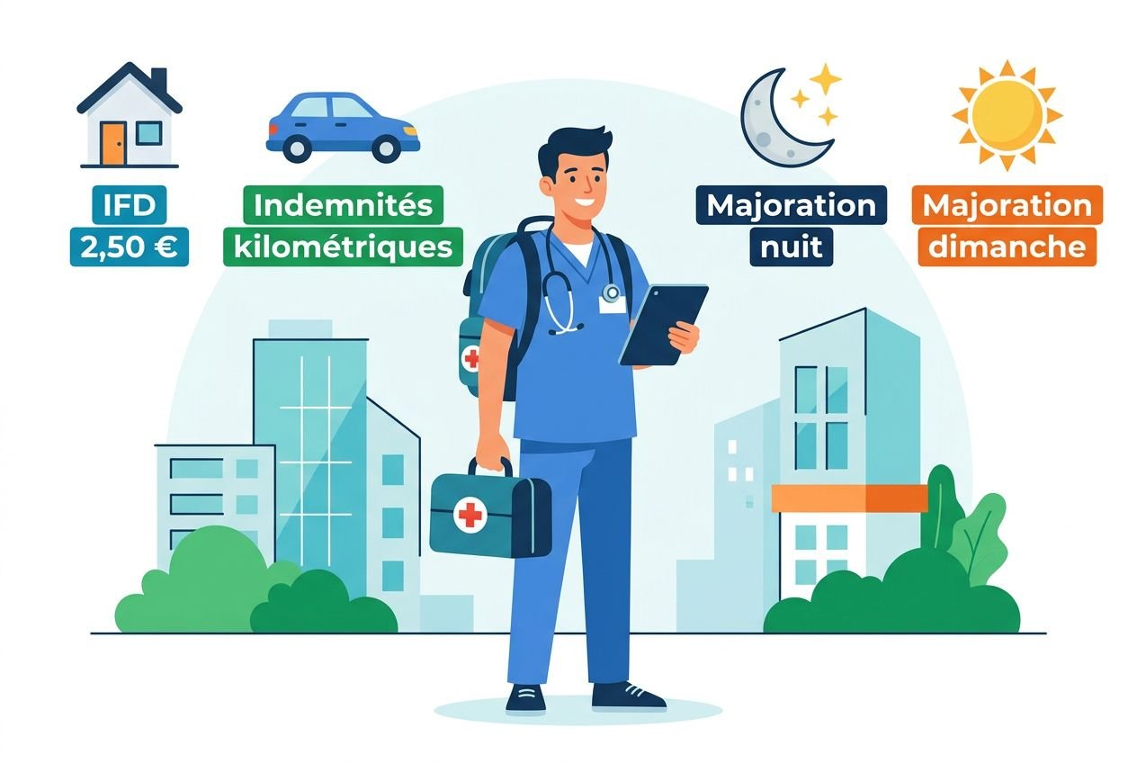 Infirmier libérale à domicile en tenue avec tablette et mallette, enseignes montrant Indemnités kilométriques, IFD 2,50 €, majorations nuit et dimanche.