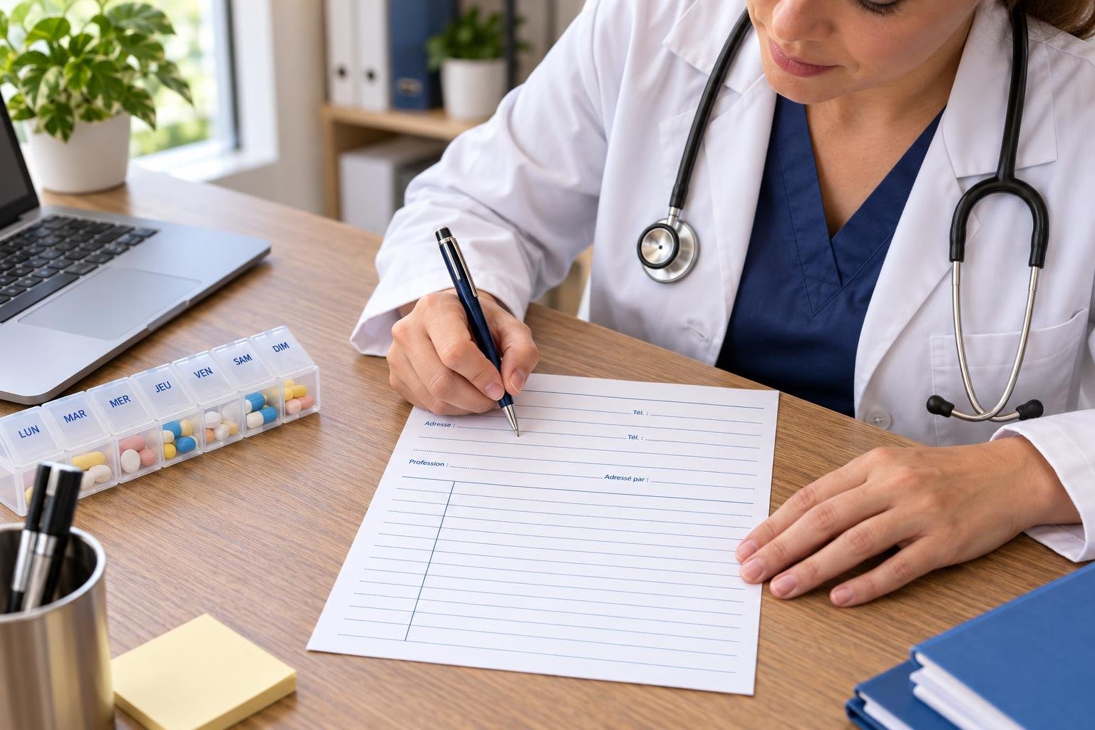 Une infirmière en blouse blanche écrit sur une fiche de prescription au bureau, avec un pilulier et une tablette à côté.