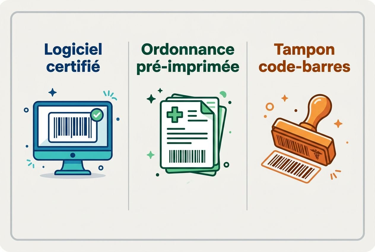 Logiciel certifié et obligation des codes barres sur ordonnance médicale illustrée par trois icônes: logiciel certifié, ordonnance pré-imprimée et tampon code-barres.