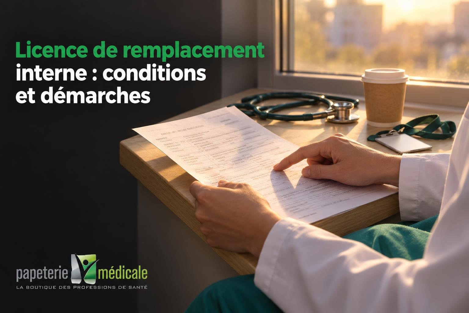 Une main tenant une feuille de papier près d’un bureau avec un stéthoscope et un gobelet à café sur fond sombre.