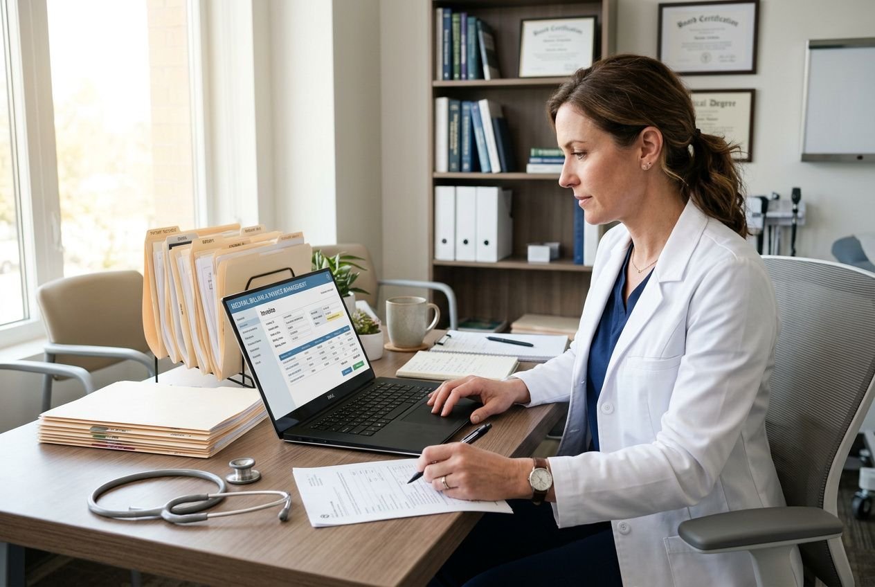 Médecin au bureau, facture électronique et saisie sur ordinateur portable, docs et stéthoscope sur le bureau, ambiance professionnelle. Nouvelle obligation de facturation électronique pour les professionnels de santé.