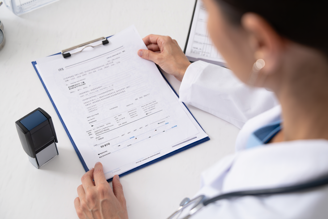 Médecin examinant un document officiel sur une fiche clippée, à côté d’un tampon et d’autres papiers sur le bureau. comprendre la composition de votre numéro adeli se lit dans le contexte.