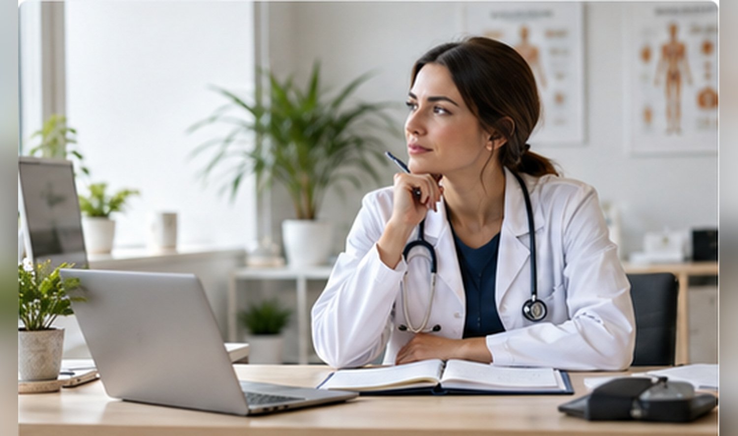 Médecin libérale préparant l'ouverture de son cabinet médical devant un ordinateur portable