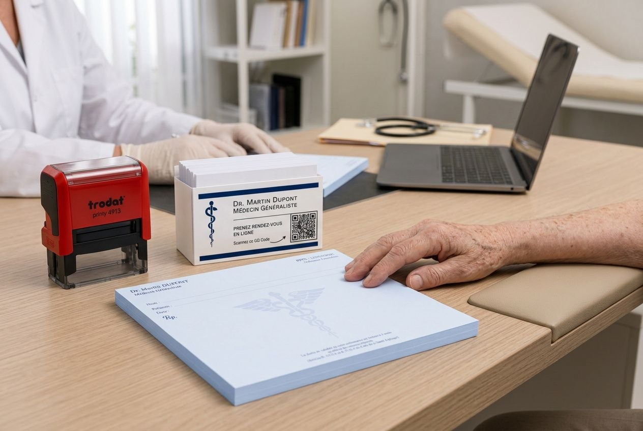 Un médecin ou pharmacien présente une ordonnance papier et des documents sur un bureau, près d’un tampon rouge, d’un carnet bleu et d’un ordinateur portable.