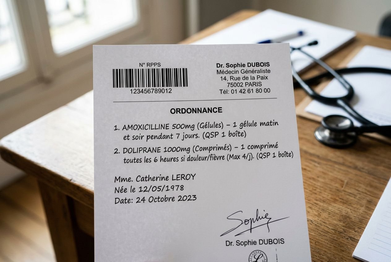 Ordonnance médicale sur fond de bureau avec codes-barres, prêt à signer, incluant nom du médecin et détails du patient, évoquant l’obligation des codes barres sur les ordonnances médicales.