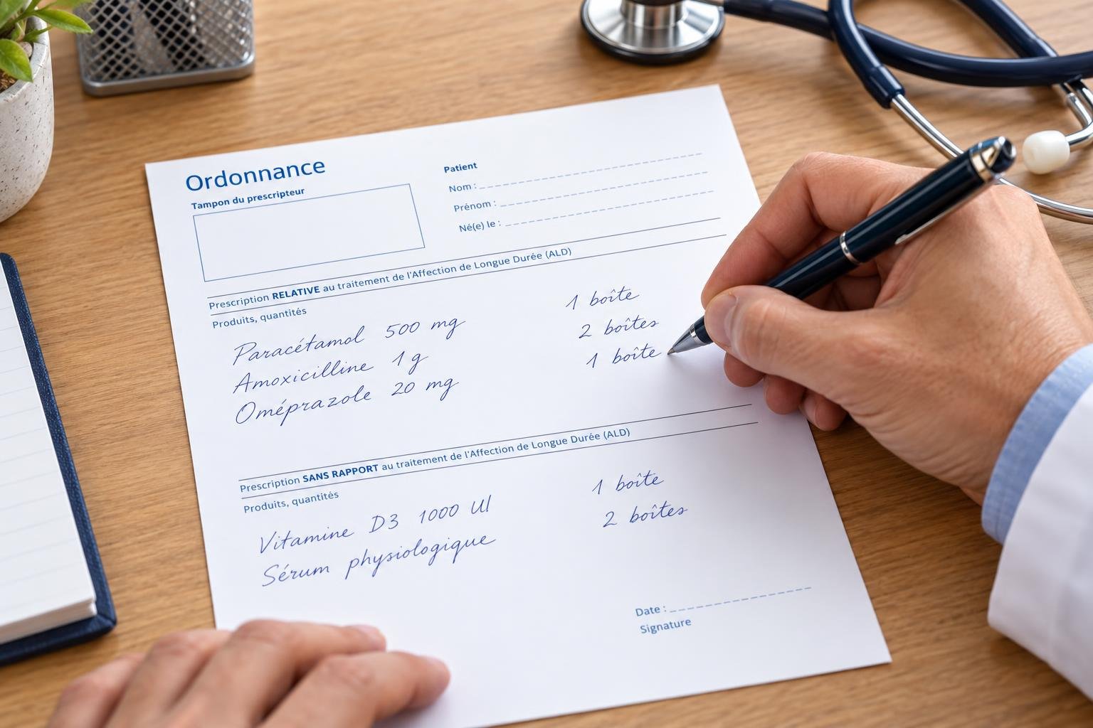 Une ordonnance médicale sur papier, avec une main qui écrit au stylo et une montre et stéthoscope en arrière-plan.