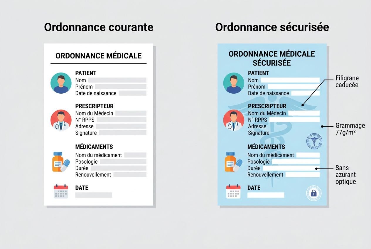 Ordonnance médicale: version courant avec champs patients, prescripteur, médicaments et date; à gauche. Ordonnance médicale sécurisée: version sécurisée bleue avec filigrane, gramme 77g/m² et sans azurant optique.