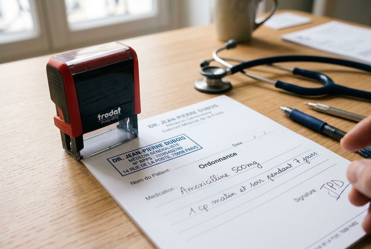 Ordonnance papier avec cachet médical et stéthoscope sur bureau, outil de traçage et documents médicaux. intégration de "ordonnances papier ou numérique" dans une description fluide.