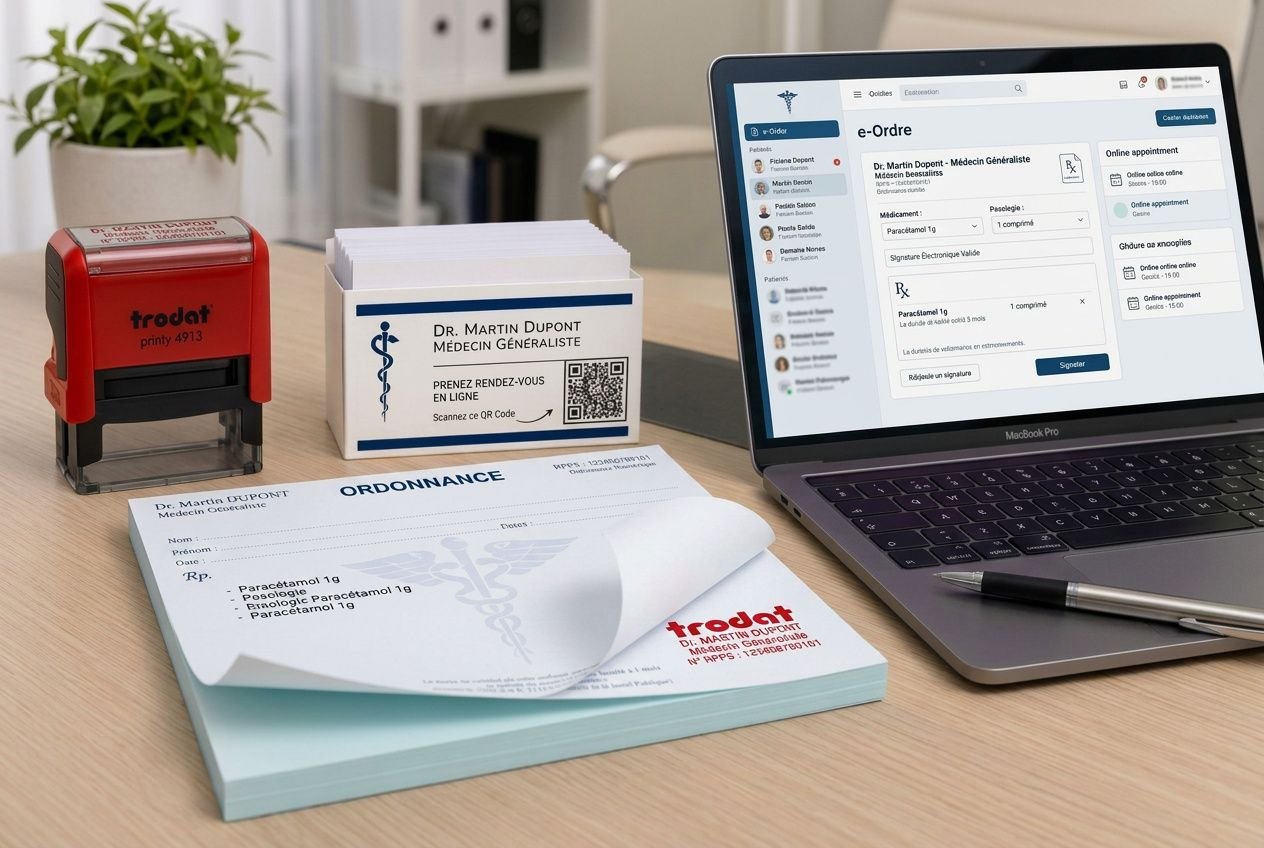 Ordonnance papier prête à être signée à côté d’un outline et d’un écran affichant une e‑Ordre sur ordinateur, représentant la transition vers des ordonnances papier ou numérique.