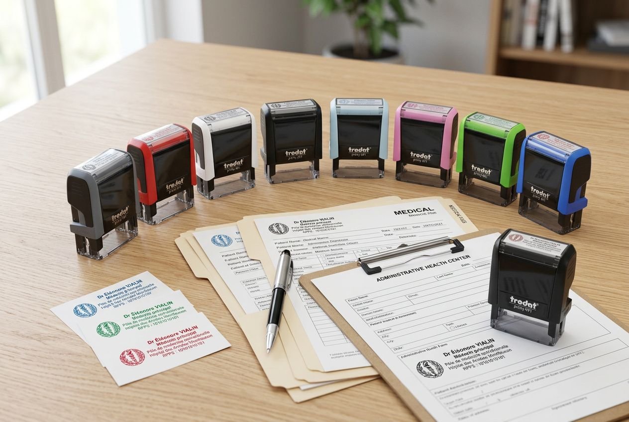 Organisation papeterie maison santé pluriprofessionnelle: timbres en rang et documents partagés sur table, plan de conformité MSP.