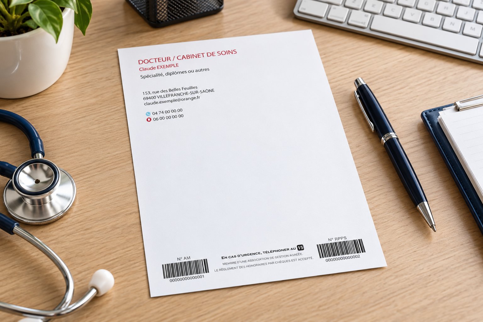 Page blanche avec en-tête rouge et codes-barres, posée sur un bureau en bois avec stéthoscope et stylo à côté.