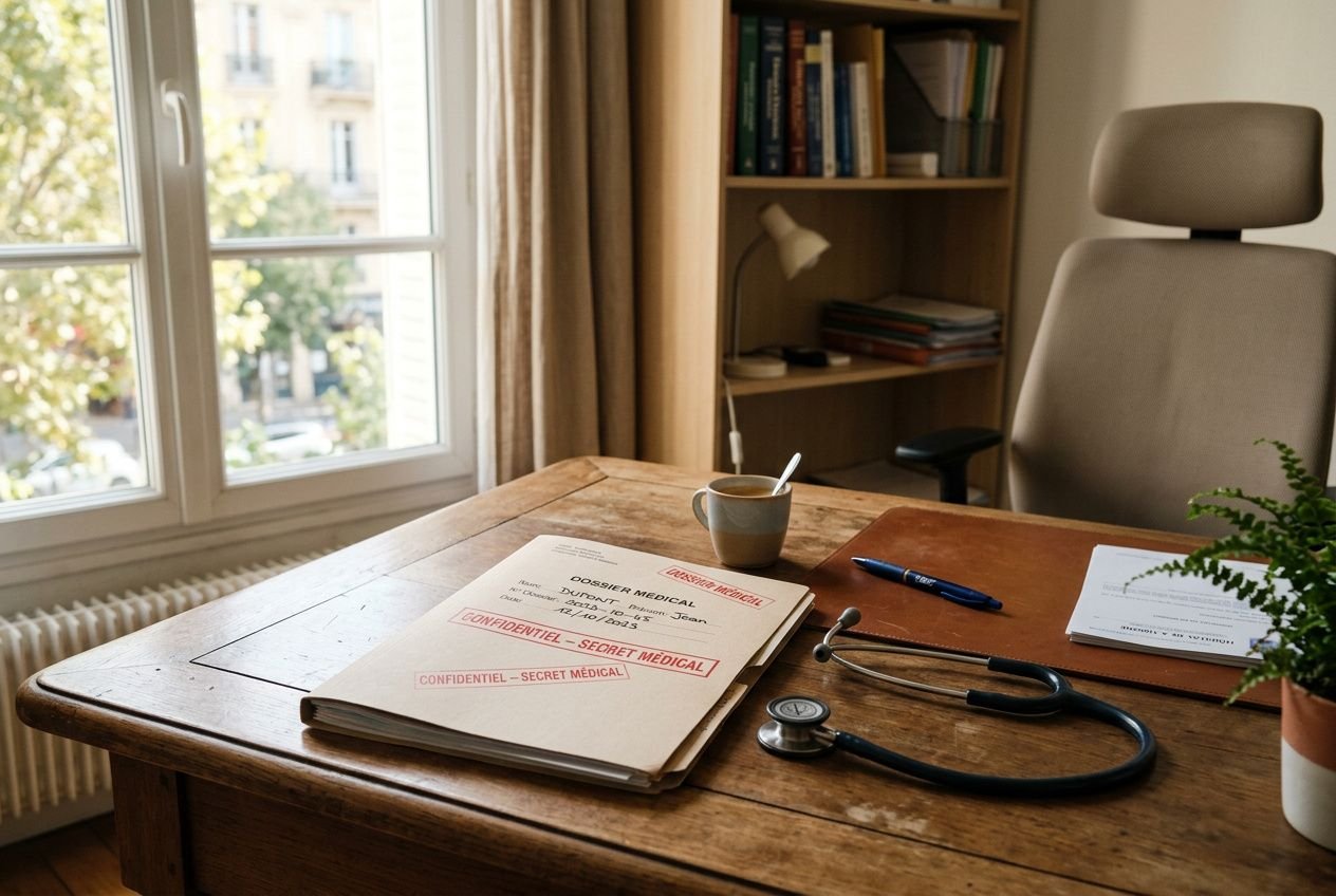 Page de bureau avec documents marqués « secret médical », stéthoscope et matériel médical, sur une table en bois près d’une fenêtre. Secret médical partagé est évoqué.