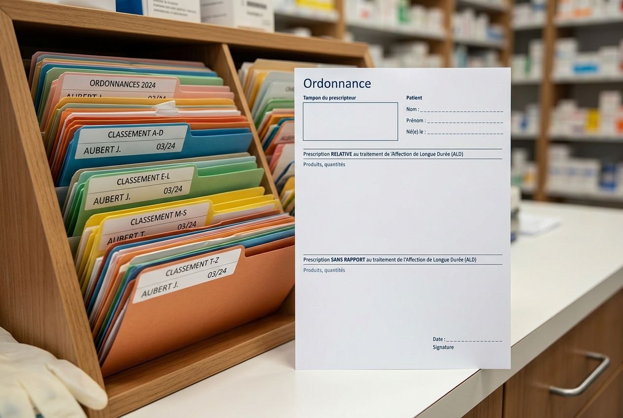 Panneau d’ordonnance blanche sur un comptoir, face à un classeur de dossiers médicaux colorés triés par catégories pour archivage. archivage ordonnance médicale intégré.