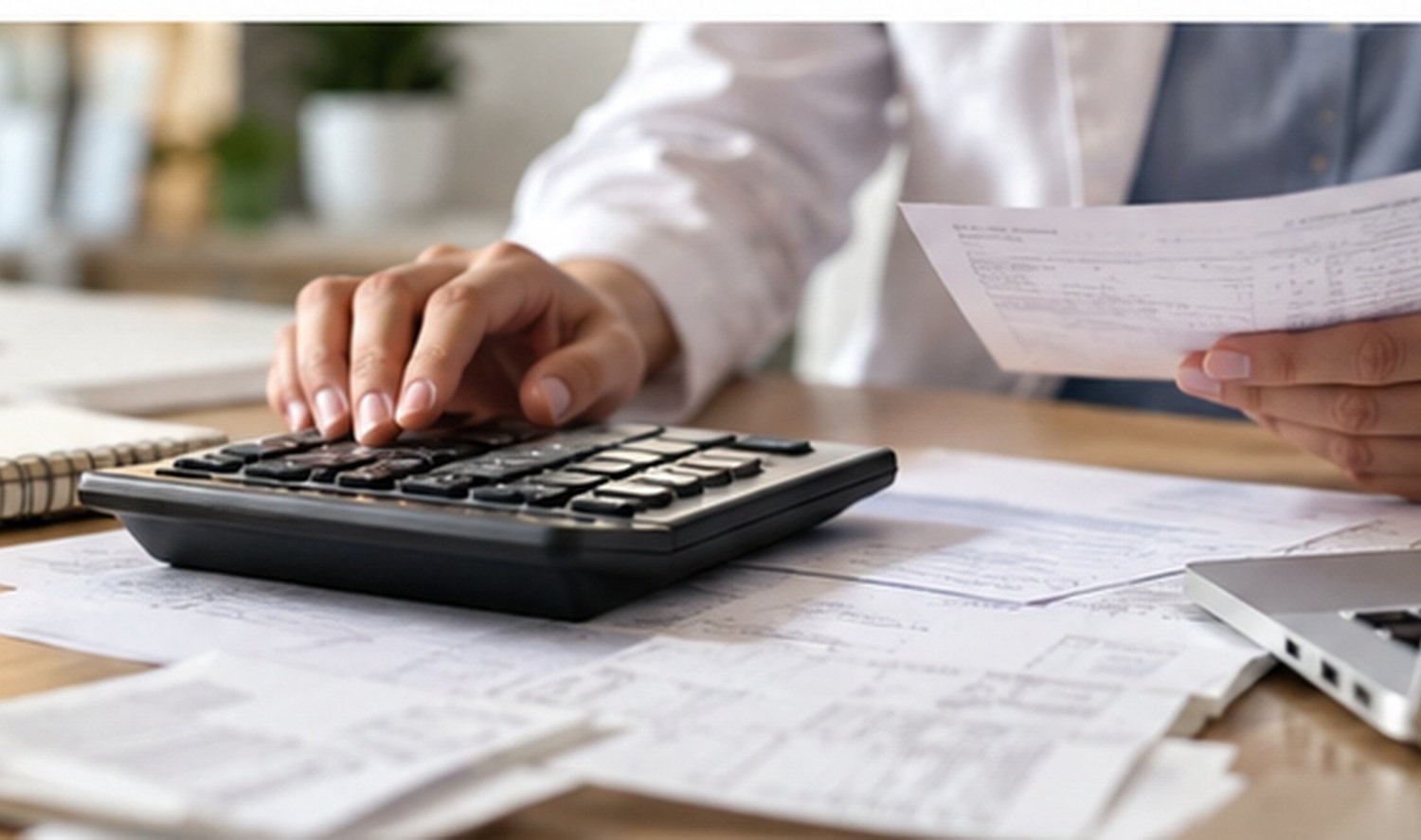Personne utilisant une calculatrice et manipulant une facture sur un bureau rempli de papiers.